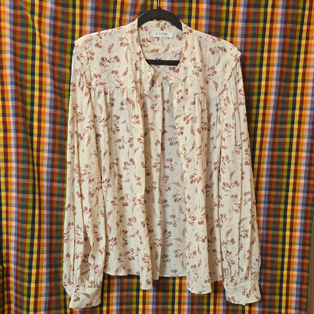 Frame Blouse Sz XS Red Cream Rayon Silk Blend
